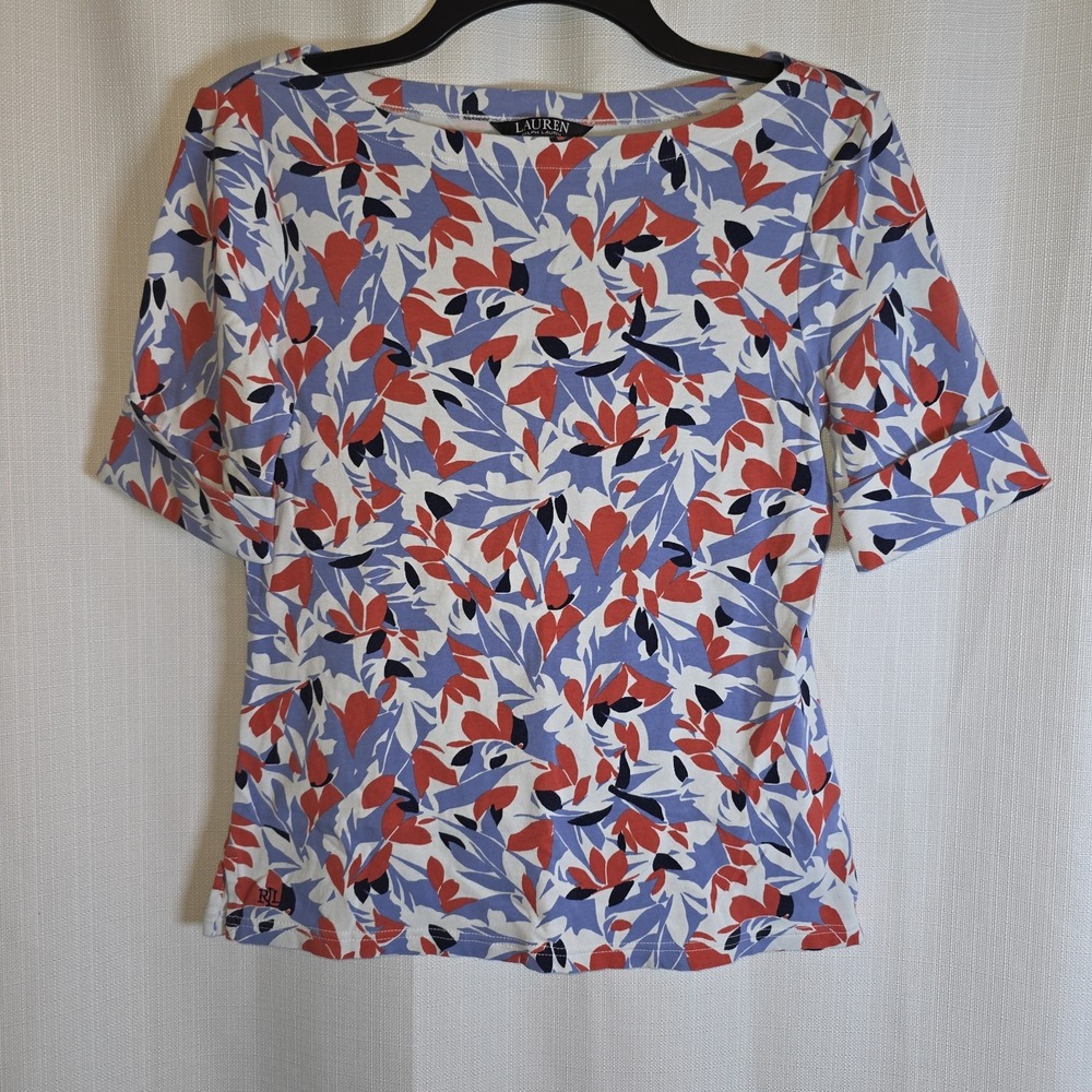 LAUREN Ralph Lauren Floral Stretch Boatneck Tee Women's Size PM Medium